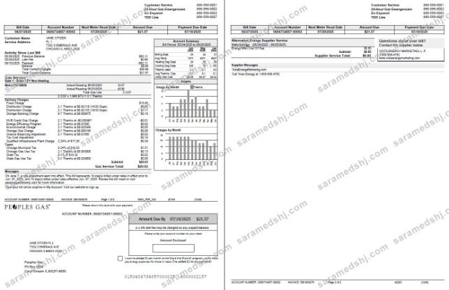 USA Peoples Gas utility bill template in Word and PDF formats, 2 pages